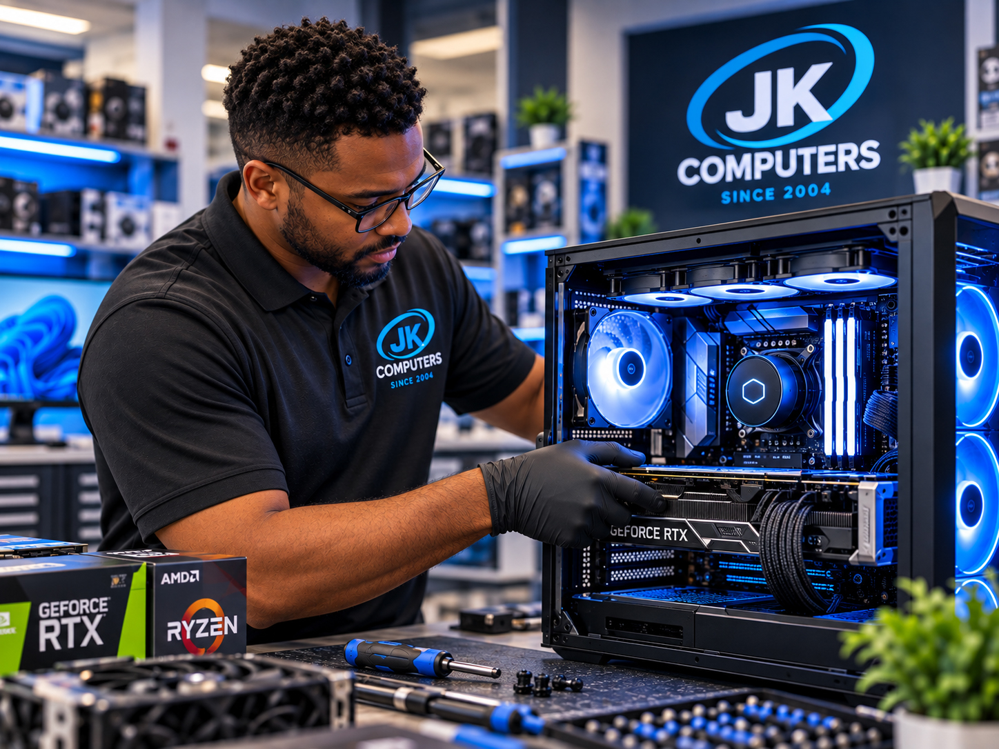 JK Computers technician building a custom PC in Lockport IL