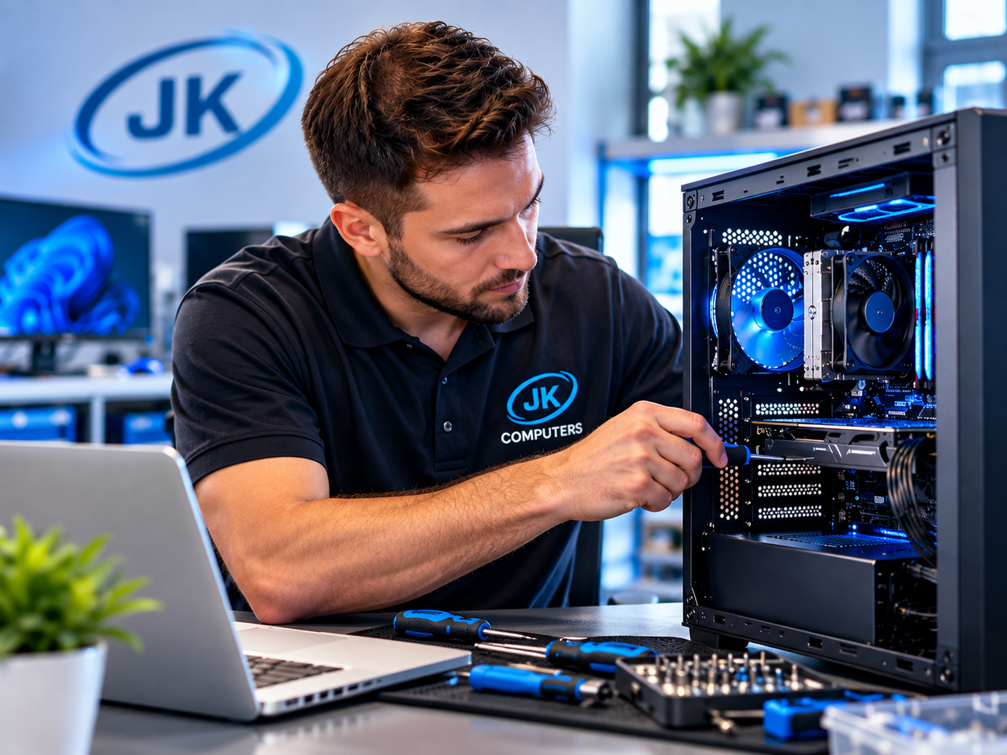 JK Computers technician repairing a desktop computer