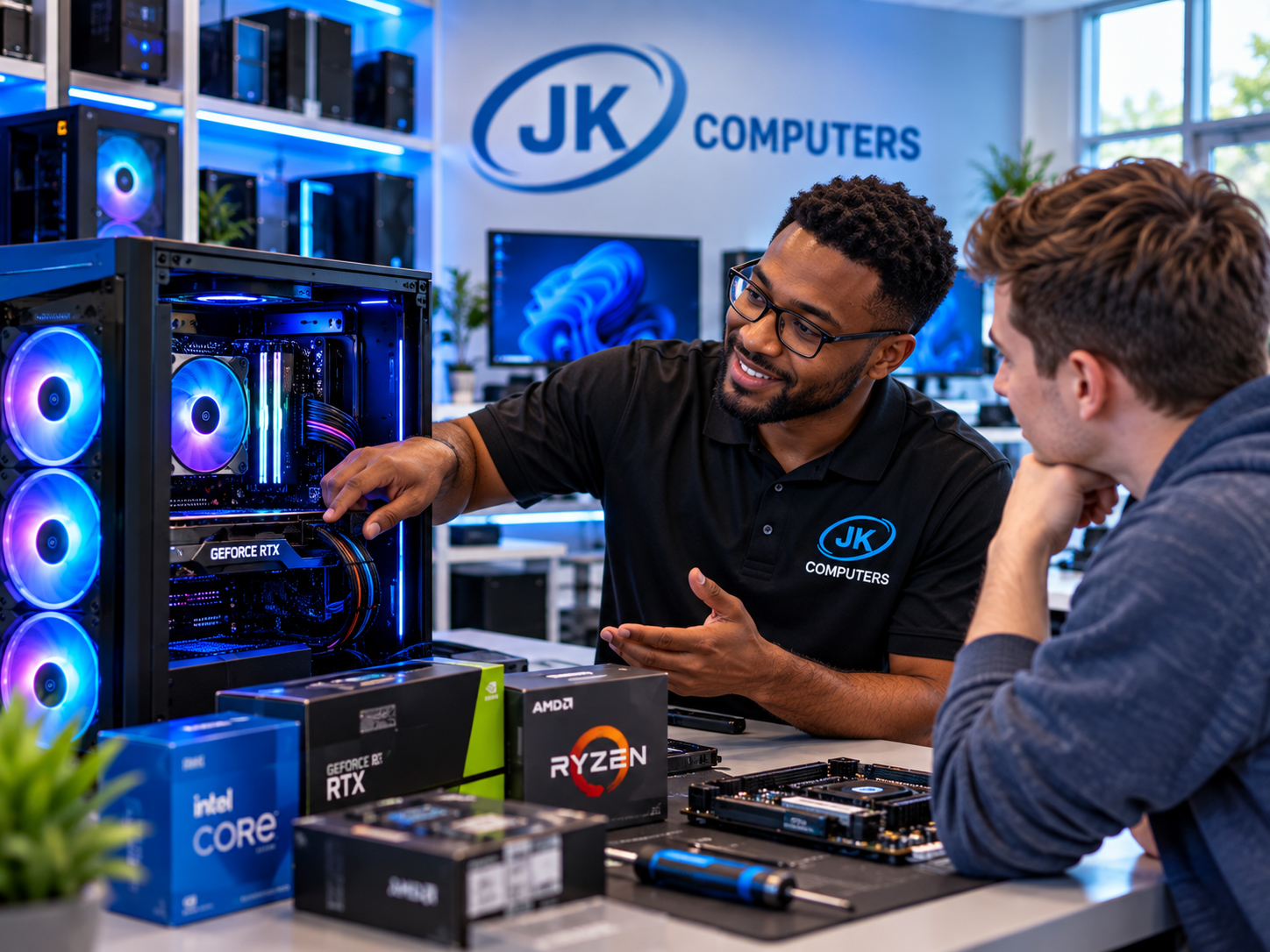 JK Computers technician helping a customer design a custom built PC