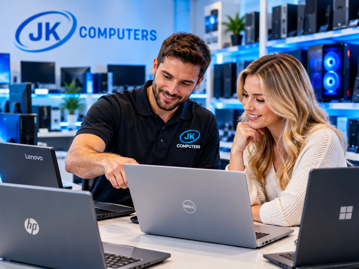 JK Computers helping a customer choose the right new computer
